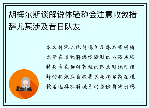 胡梅尔斯谈解说体验称会注意收敛措辞尤其涉及昔日队友