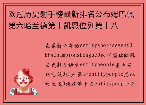 欧冠历史射手榜最新排名公布姆巴佩第六哈兰德第十凯恩位列第十八