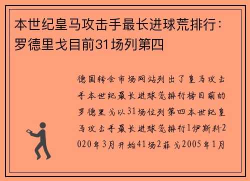 本世纪皇马攻击手最长进球荒排行：罗德里戈目前31场列第四